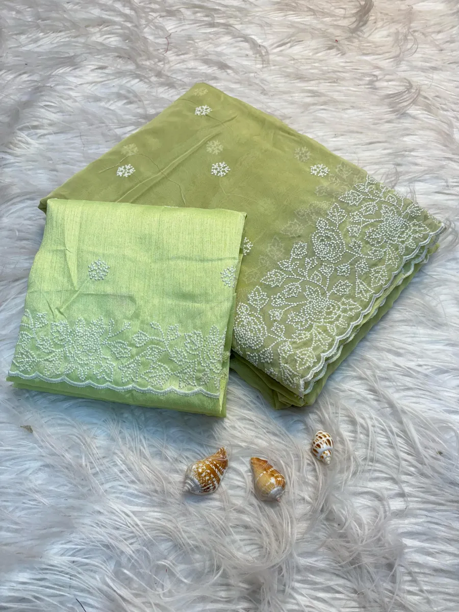 Soft Pure Tussar Silk Saree with White Thread Embroidery Work